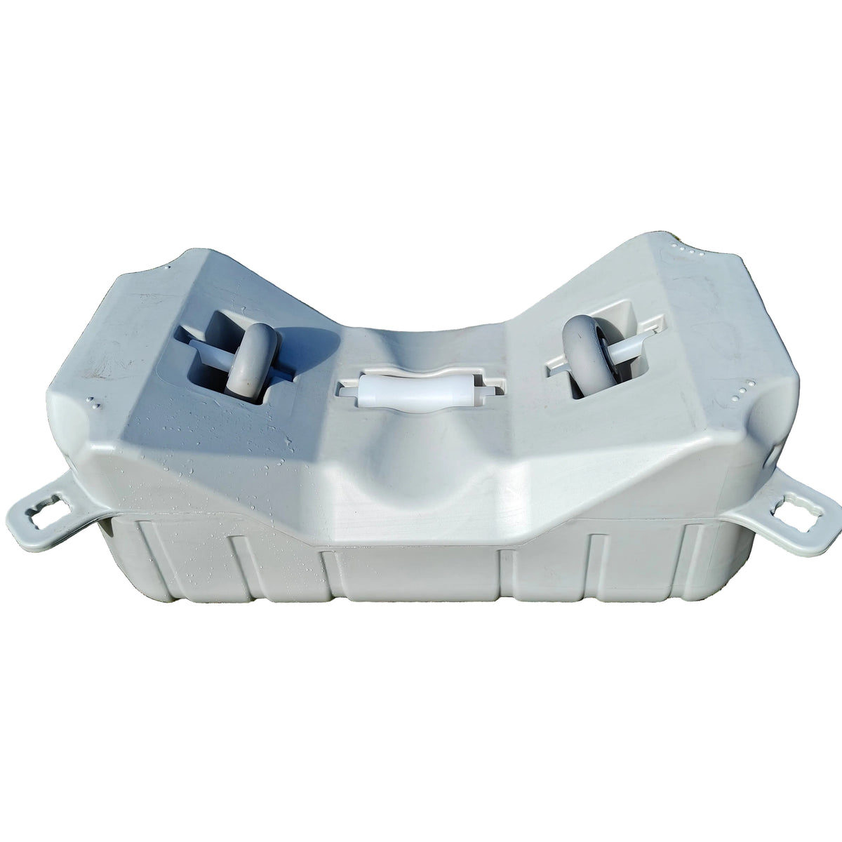 U shape float with 2 large wheels and a roller